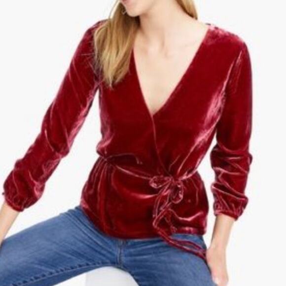 J. Crew Faux Wrap Top in Drapey Velvet Burgundy Wine Party Holiday J2962 Size 0 - Picture 1 of 12